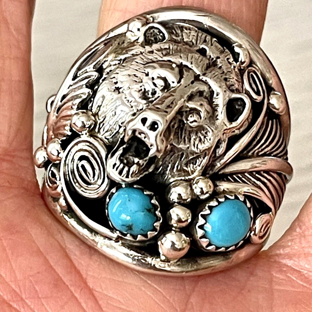 Bear Head Navajo Kingman Turquoise Mens Ring Sz 13.5 Sterling Signed Sanders